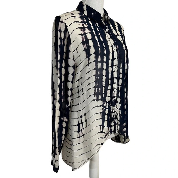 Patrons Of Peace Button Up Blouse Medium Watercolor Stripes Cutout Back Blue Top - Picture 4 of 10